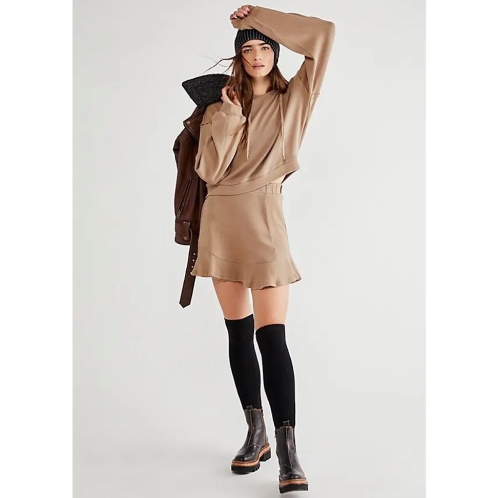 FREE PEOPLE Beach Social Set Hoodie & Mini Skirt Tan Taupe Size Small